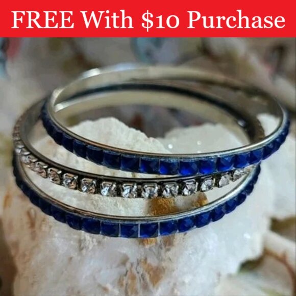 3 Bangle Bracelets 2 Cobalt 1 Clear Prong Set Silver Tone Vintage RED BANNER - Picture 1 of 8